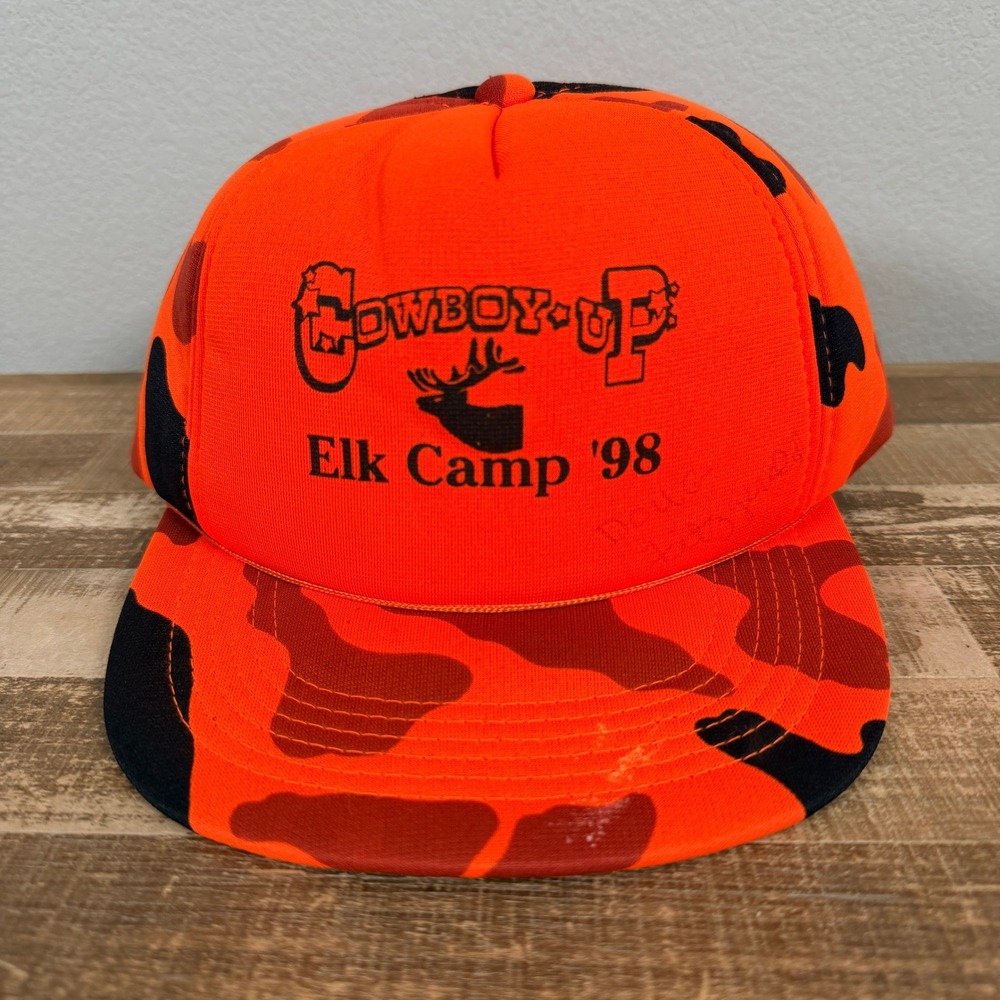 Vintage YoungAn Cowboy Up Elk Camp '98 Trucker Hat Snapback Bright Orange Camo
